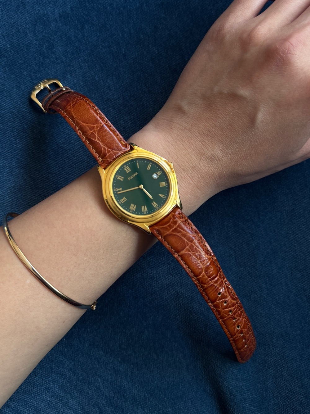 Vintage Pulsar gold-tone green dial brown leather watch